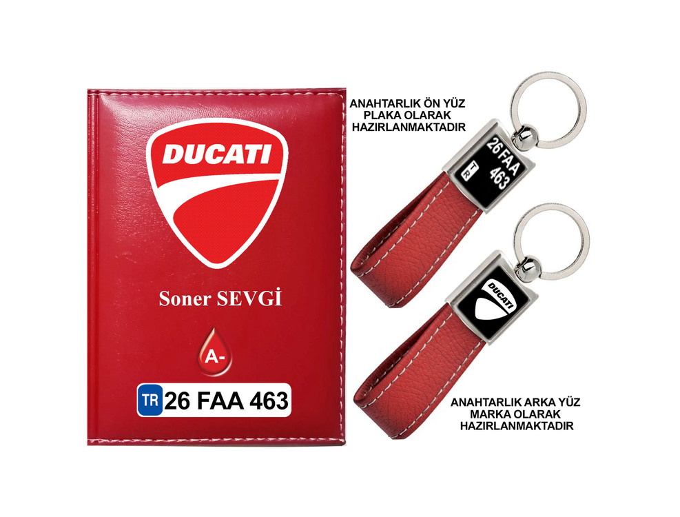 Plakanıza Özel Ducatı Logolu  Ruhsat Kabı ve Anahtarlık 4 Renk Seçeneği Mevcuttur.