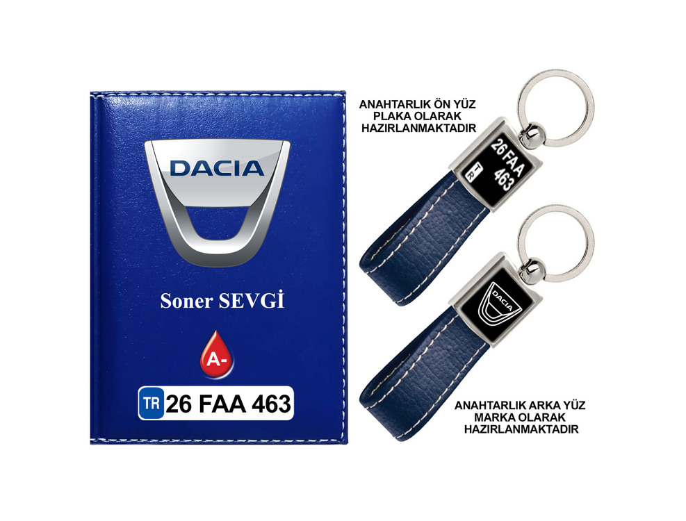 Plakanıza Özel Dacia Logolu Ruhsat Kabı ve Anahtarlık 4 Renk Seçeneği Mevcuttur.