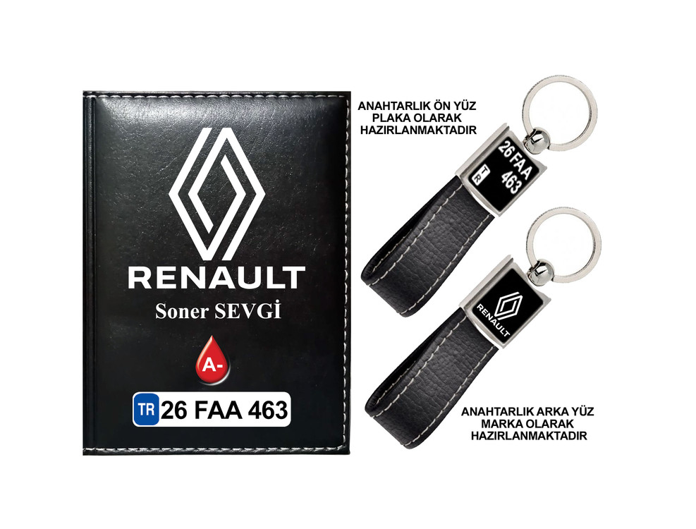 Plakanıza Özel Yeni Renault Logolu Ruhsat Kabı ve Anahtarlık 4 Renk Seçeneği Mevcuttur.