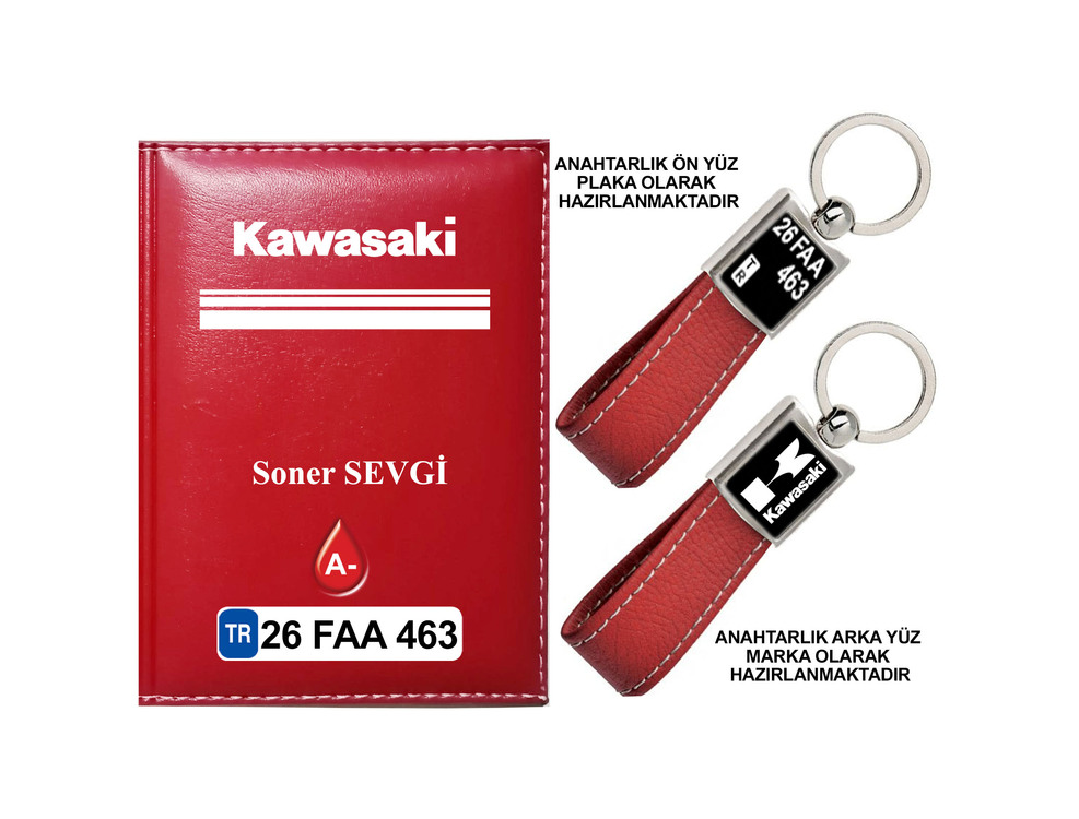 Plakanıza Özel Kawasaki Logolu Ruhsat Kabı ve Anahtarlık 4 Renk Seçeneği Mevcuttur.
