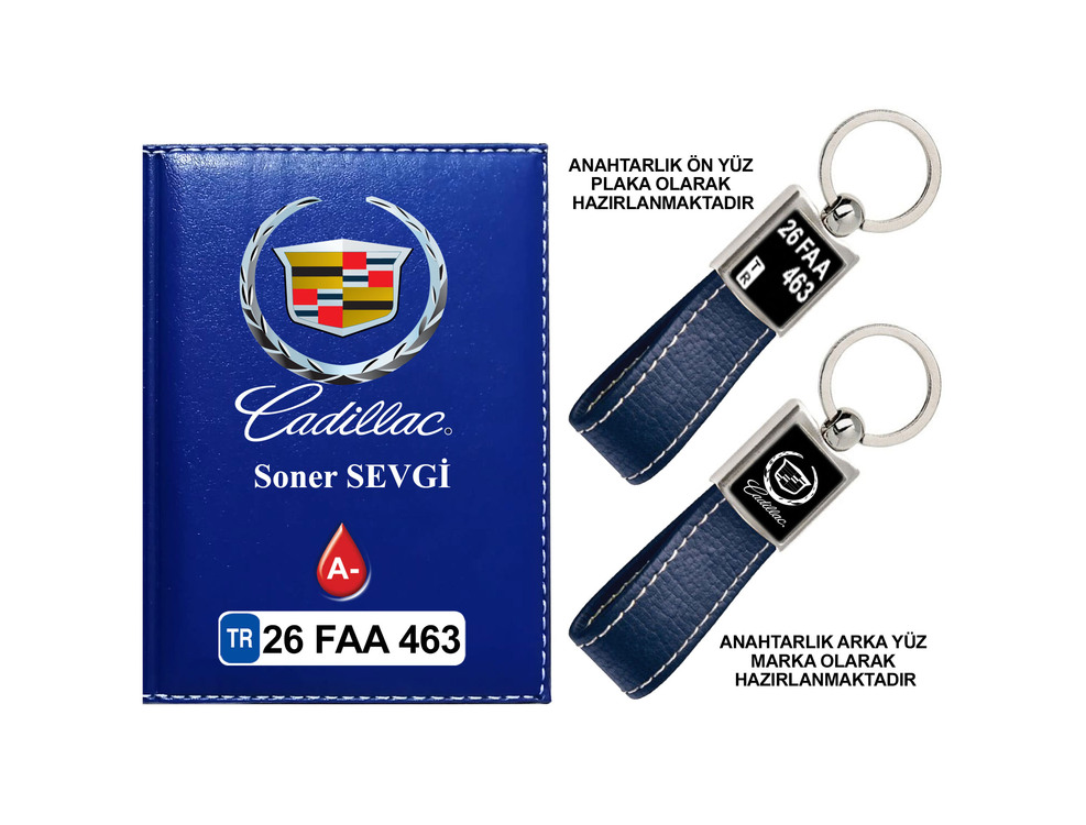 Plakanıza Özel Cadillac Logolu Ruhsat Kabı ve Anahtarlık 4 Renk Seçeneği Mevcuttur.