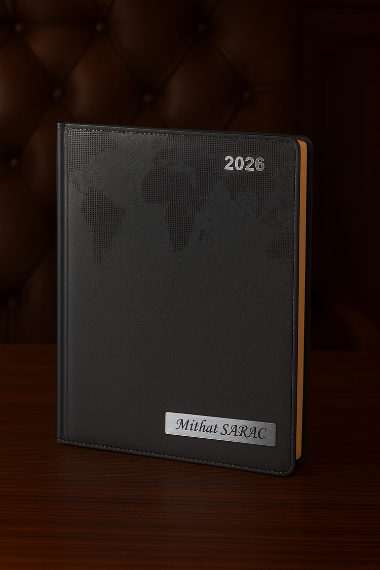 Isme Özel Siyah Dünya Baskılı Ajanda 2026 Tarihli - Isme Özel Kalem Hediyeli