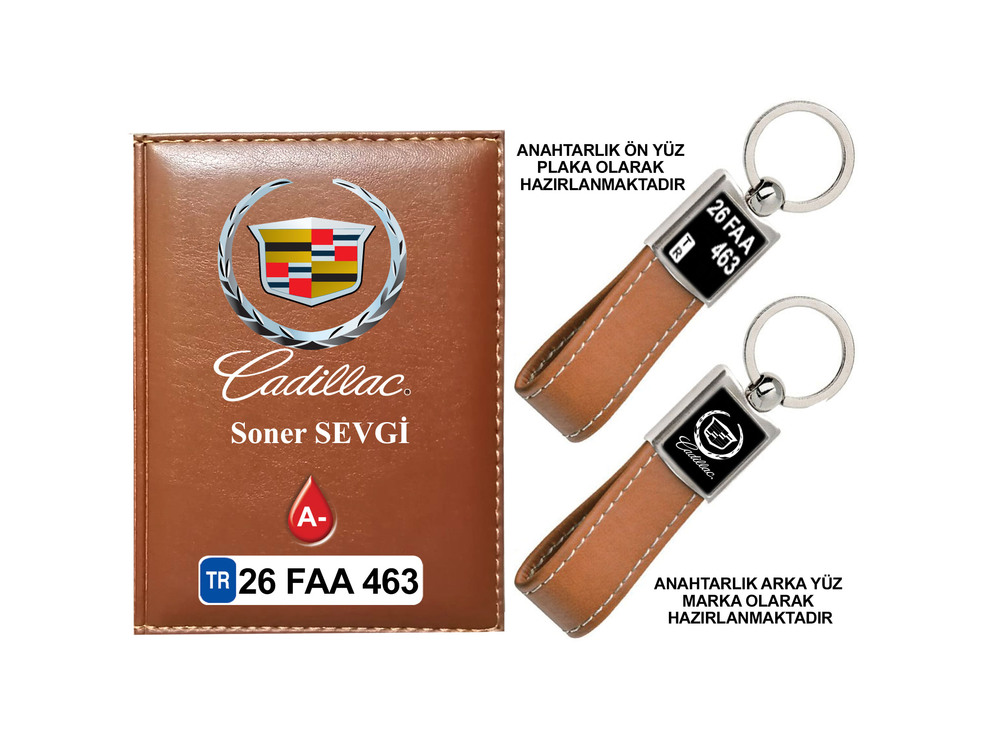 Plakanıza Özel Cadillac Logolu Ruhsat Kabı ve Anahtarlık 4 Renk Seçeneği Mevcuttur.