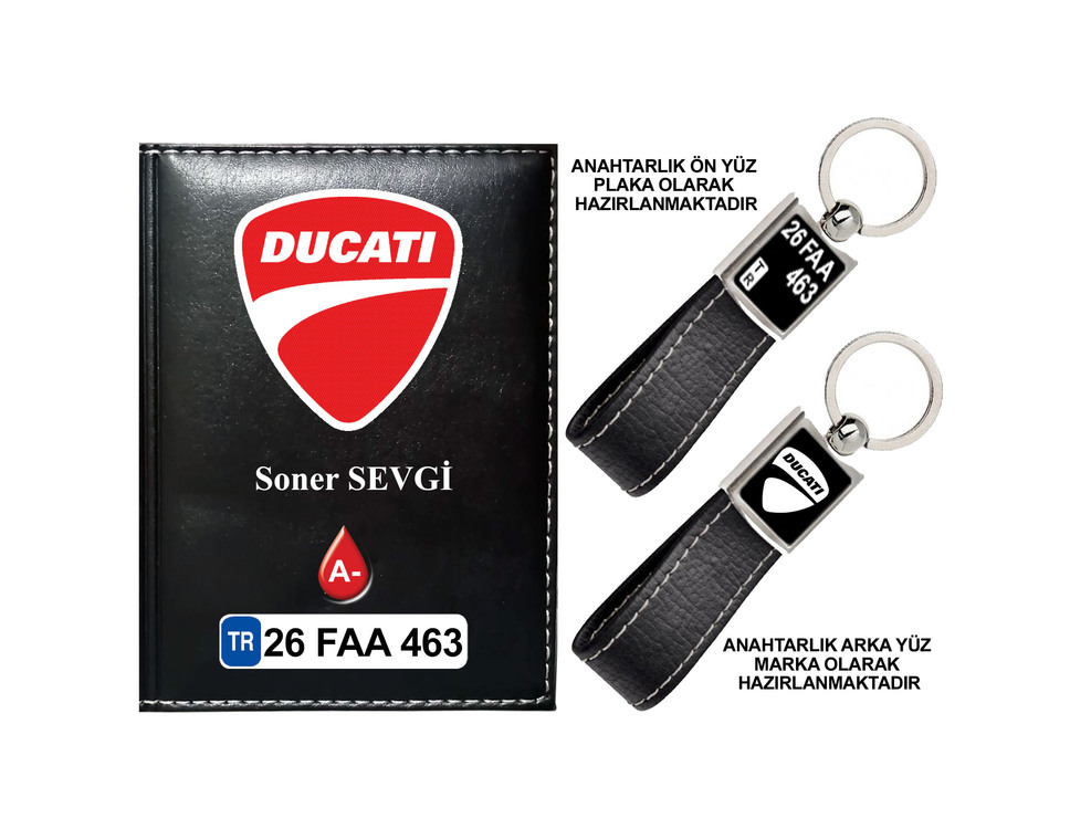 Plakanıza Özel Ducatı Logolu  Ruhsat Kabı ve Anahtarlık 4 Renk Seçeneği Mevcuttur.