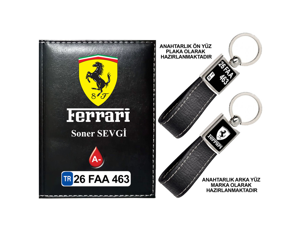 Plakanıza Özel Ferrari Logolu Ruhsat Kabı ve Anahtarlık 4 Renk Seçeneği Mevcuttur.