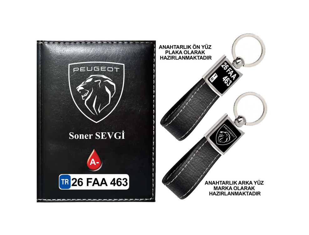 Plakanıza Özel Yeni Peugeot Logolu  Ruhsat Kabı ve Anahtarlık 4 Renk Seçeneği Mevcuttur.