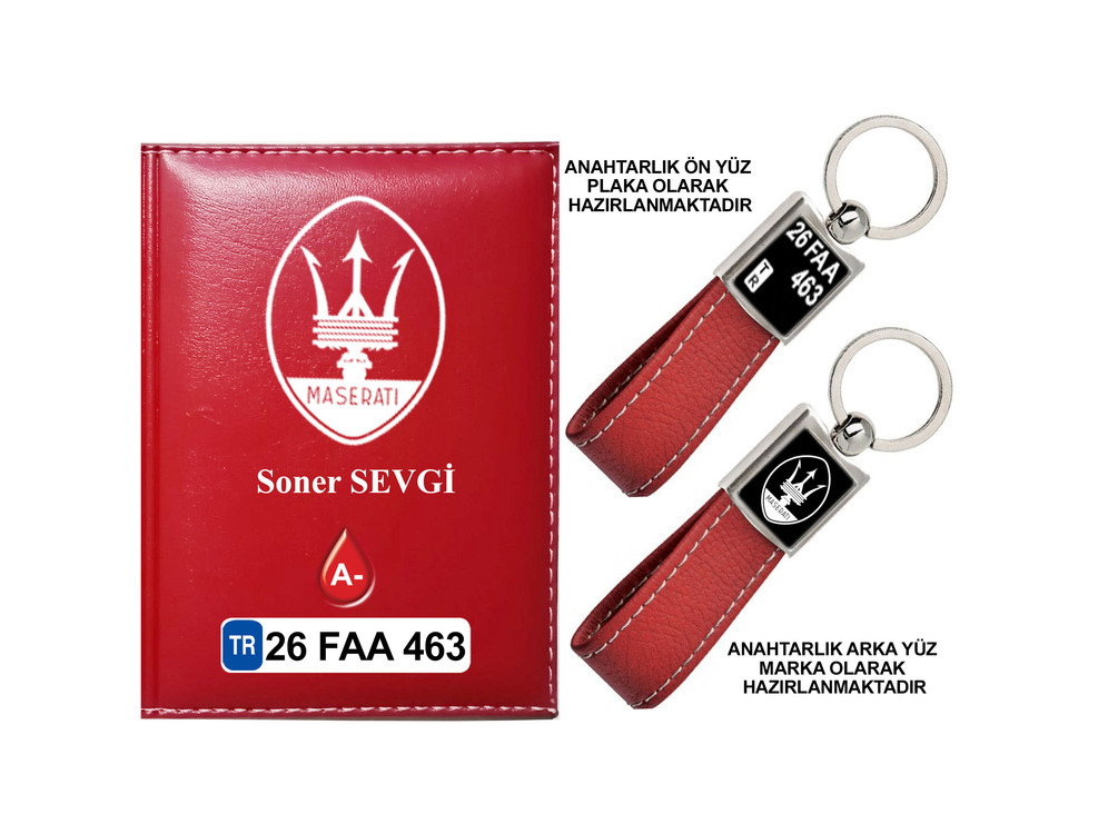 Plakanıza Özel Maserati Logolu Ruhsat Kabı ve Anahtarlık 4 Renk Seçeneği Mevcuttur.