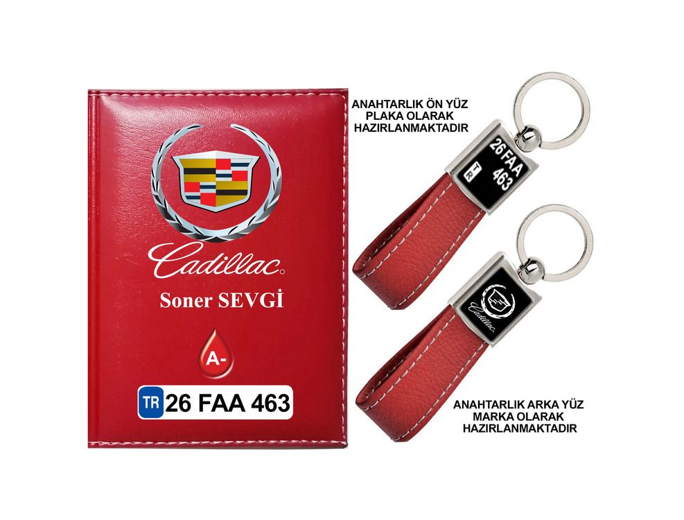Plakanıza Özel Cadillac Logolu Ruhsat Kabı ve Anahtarlık 4 Renk Seçeneği Mevcuttur.