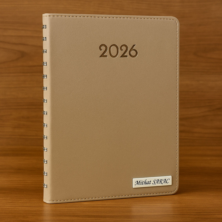 Kişiye Özel  2026 Tarihli Gizli Spiralli Krem Ajanda ve Kalem Seti