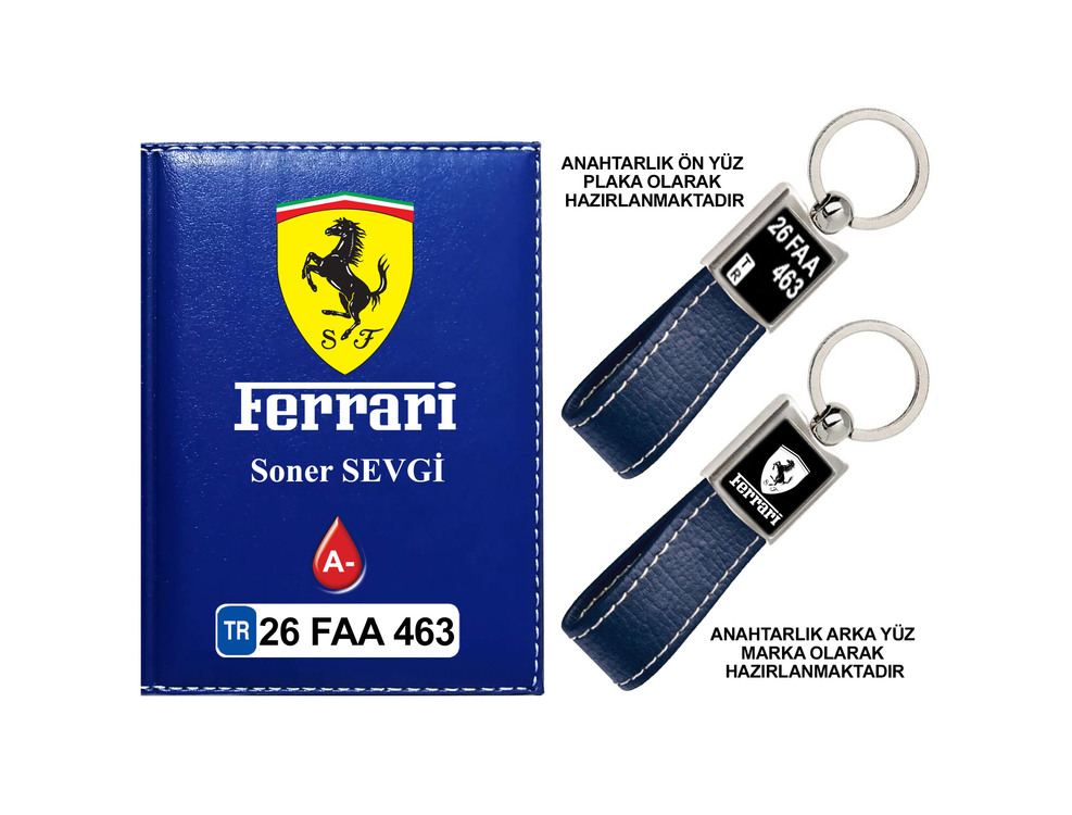 Plakanıza Özel Ferrari Logolu Ruhsat Kabı ve Anahtarlık 4 Renk Seçeneği Mevcuttur.