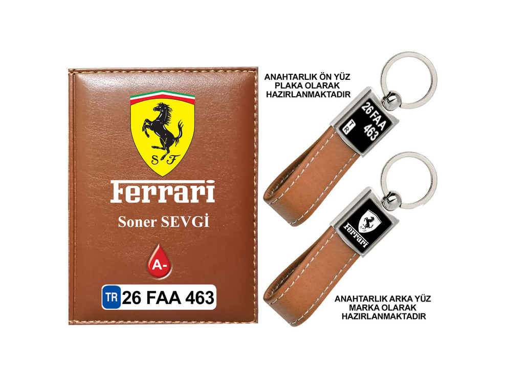Plakanıza Özel Ferrari Logolu Ruhsat Kabı ve Anahtarlık 4 Renk Seçeneği Mevcuttur.