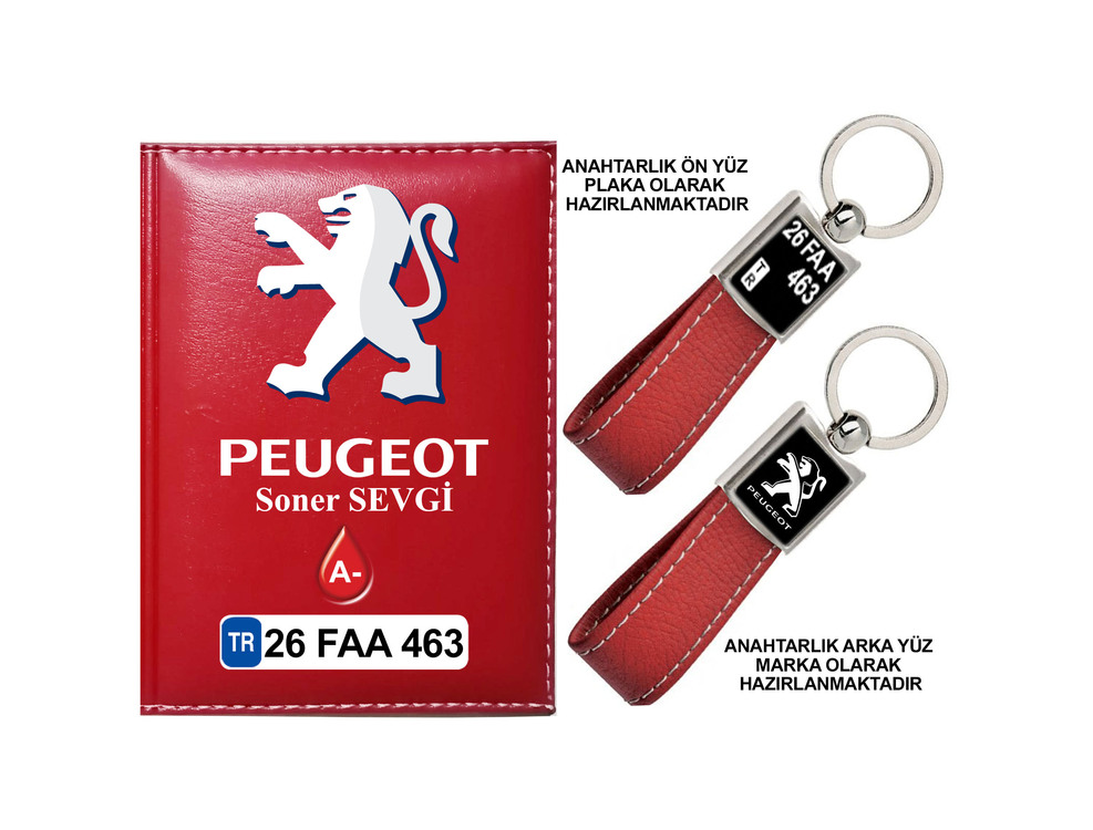 Plakanıza Özel Peugeot Logolu Ruhsat Kabı ve Anahtarlık 4 Renk Seçeneği Mevcuttur.