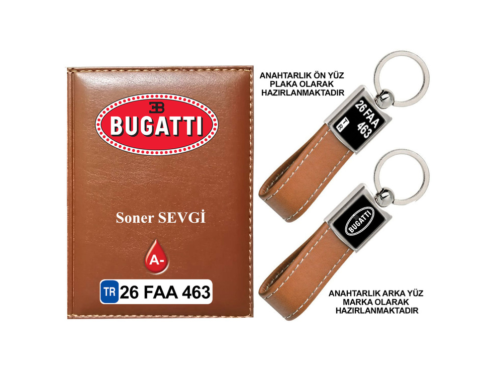 Plakanıza Özel Bugatti Logolu  Ruhsat Kabı ve Anahtarlık 4 Renk Seçeneği Mevcuttur.