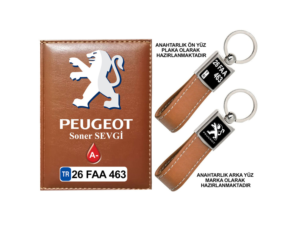 Plakanıza Özel Peugeot Logolu Ruhsat Kabı ve Anahtarlık 4 Renk Seçeneği Mevcuttur.