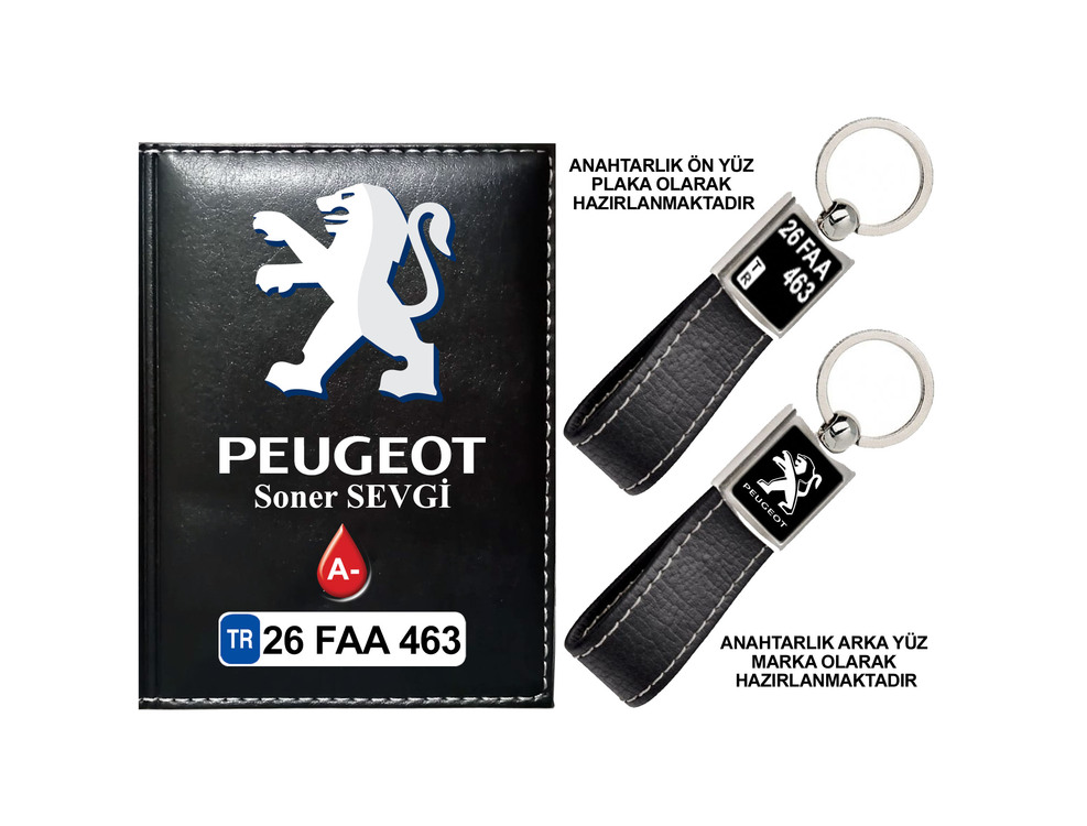 Plakanıza Özel Peugeot Logolu Ruhsat Kabı ve Anahtarlık 4 Renk Seçeneği Mevcuttur.