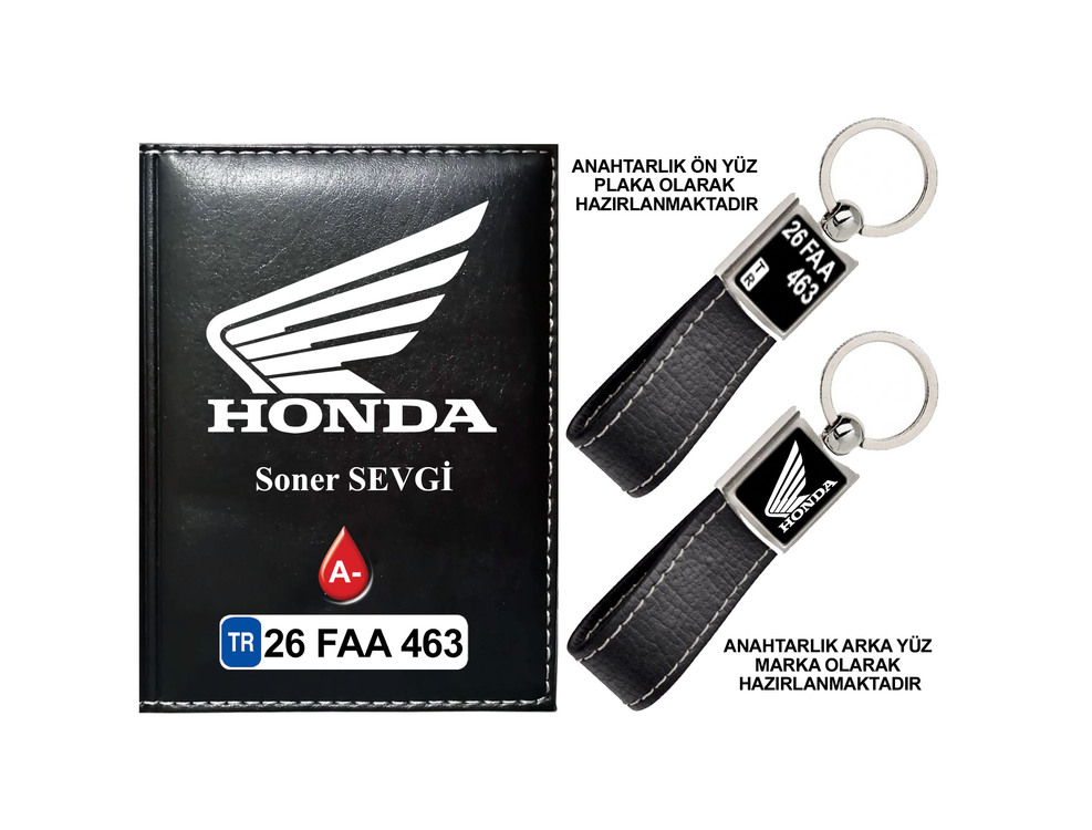 Plakanıza Özel Honda Motor Logolu Ruhsat Kabı ve Anahtarlık 4 Renk Seçeneği Mevcuttur.