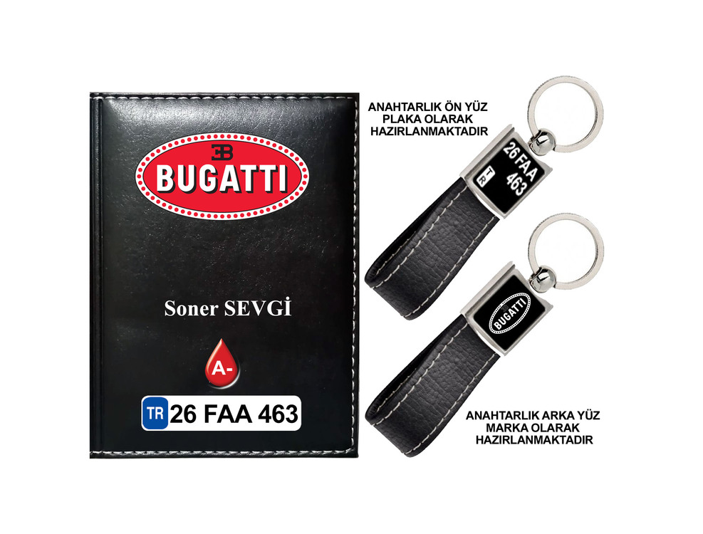 Plakanıza Özel Bugatti Logolu  Ruhsat Kabı ve Anahtarlık 4 Renk Seçeneği Mevcuttur.