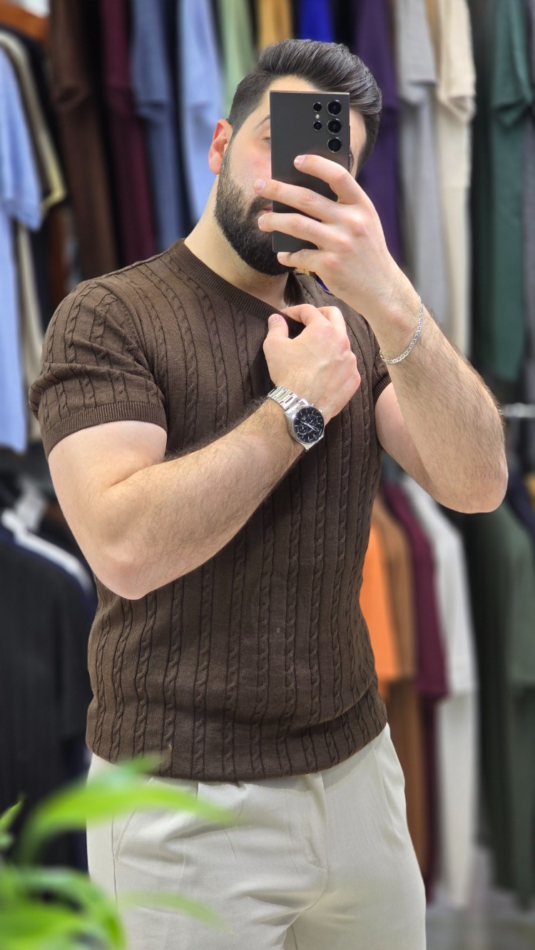 saç örgü bisiklet yaka pamuk - slim fit triko tişort | T4DU26211