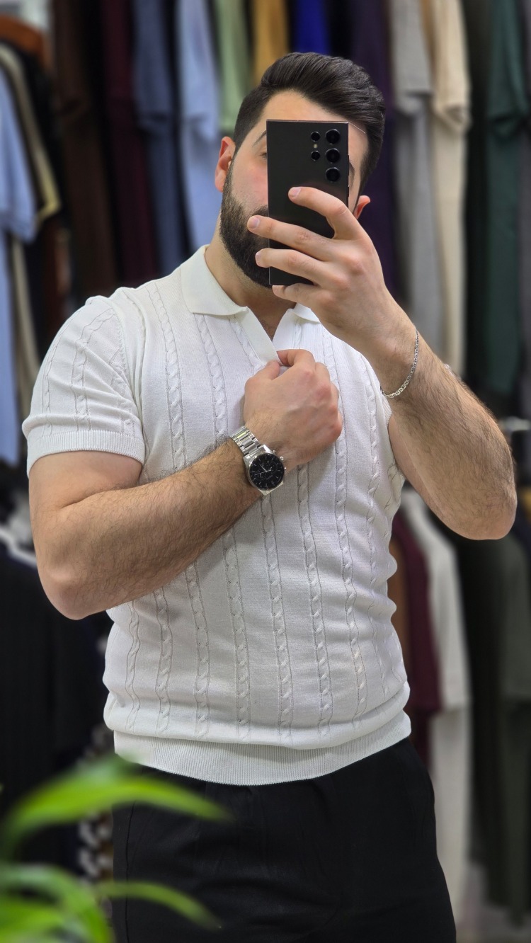 Polo yaka saç örgü pamuk - slim fit triko tişort | T1DU26211