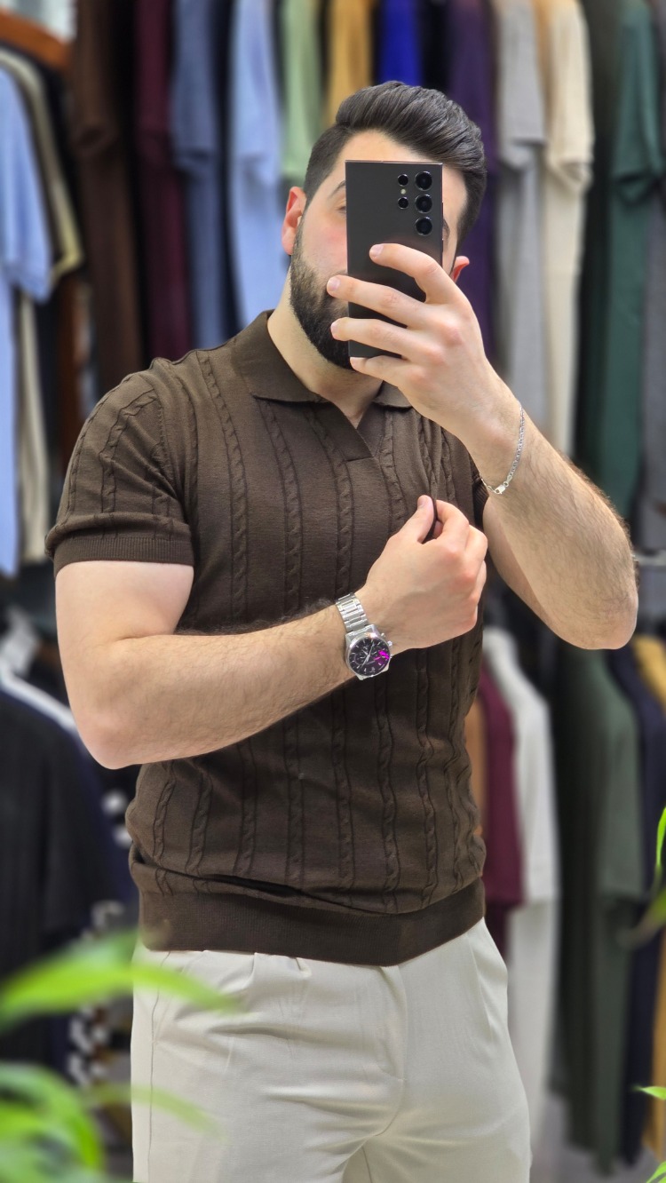 Polo yaka saç örgü pamuk - slim fit triko tişort | T1DU26211
