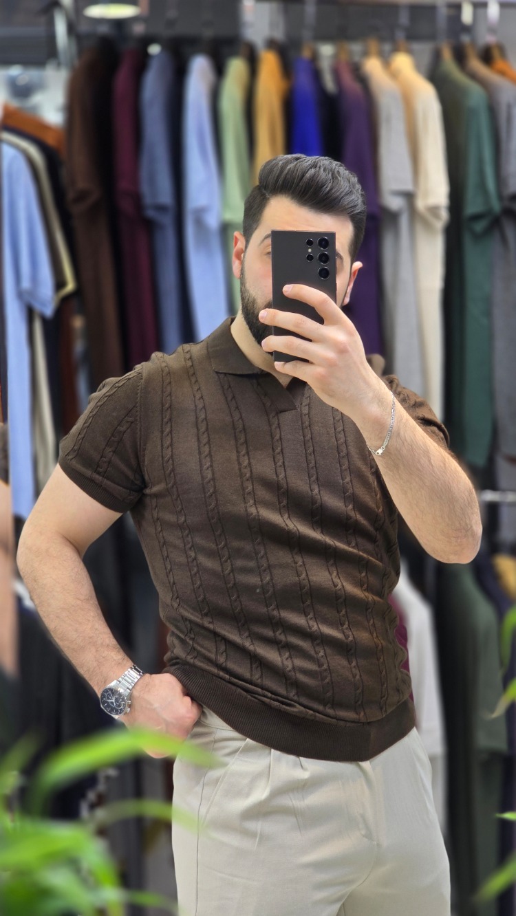 Polo yaka saç örgü pamuk - slim fit triko tişort | T1DU26211