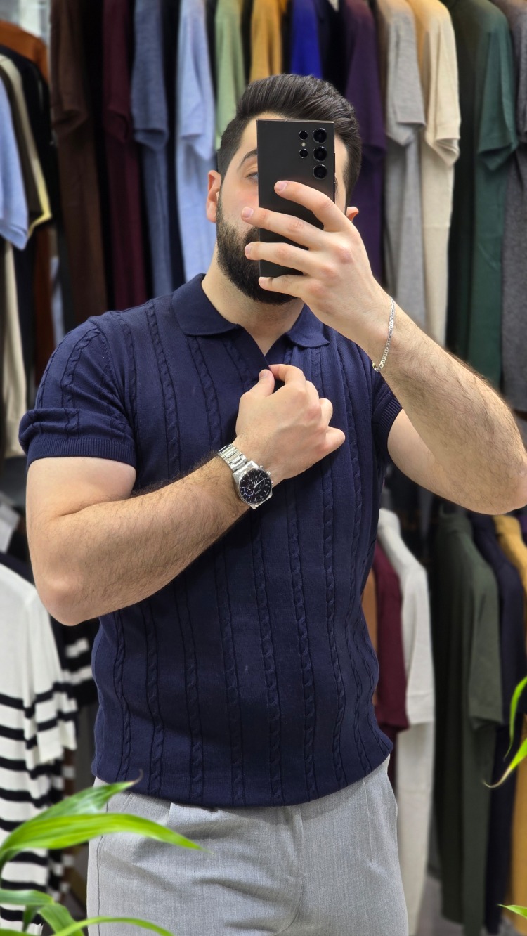Polo yaka saç örgü pamuk - slim fit triko tişort | T1DU26211