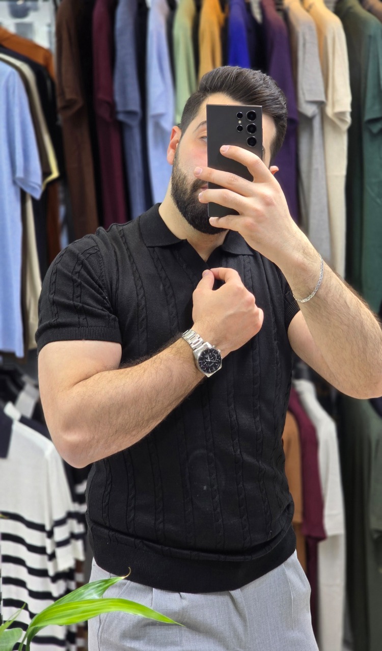 Polo yaka saç örgü pamuk - slim fit triko tişort | T1DU26211