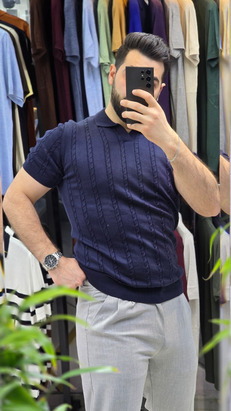 Polo yaka saç örgü pamuk - slim fit triko tişort | T1DU26211