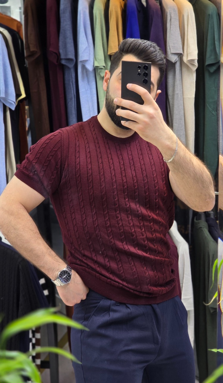 saç örgü bisiklet yaka pamuk - slim fit triko tişort | T4DU26211