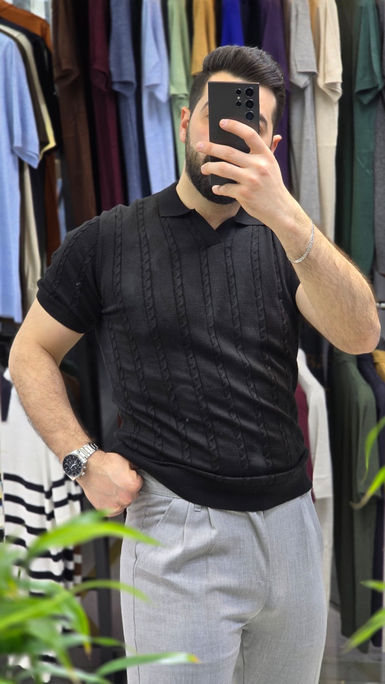 Polo yaka saç örgü pamuk - slim fit triko tişort | T1DU26211