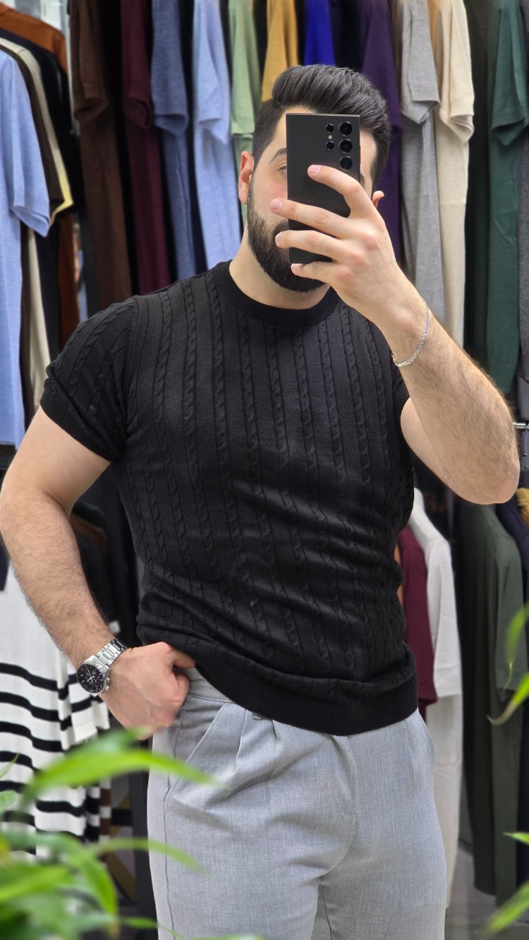 saç örgü bisiklet yaka pamuk - slim fit triko tişort | T4DU26211