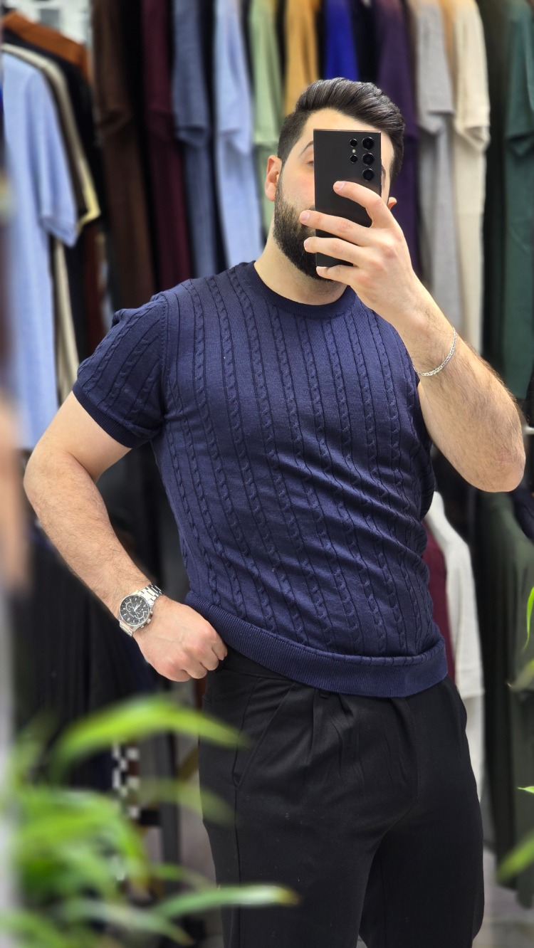 saç örgü bisiklet yaka pamuk - slim fit triko tişort | T4DU26211