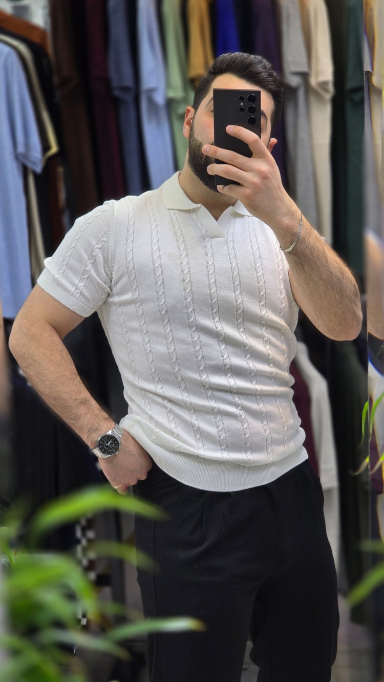 Polo yaka saç örgü pamuk - slim fit triko tişort | T1DU26211