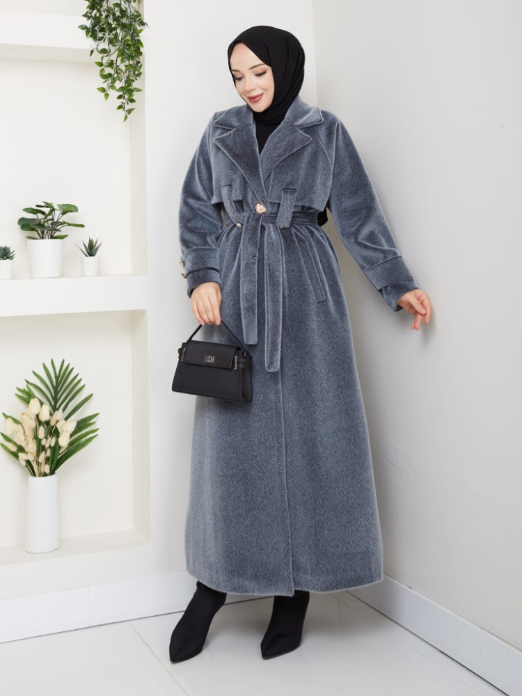 Kuşaklı Angora Tesettür Kaban Füme