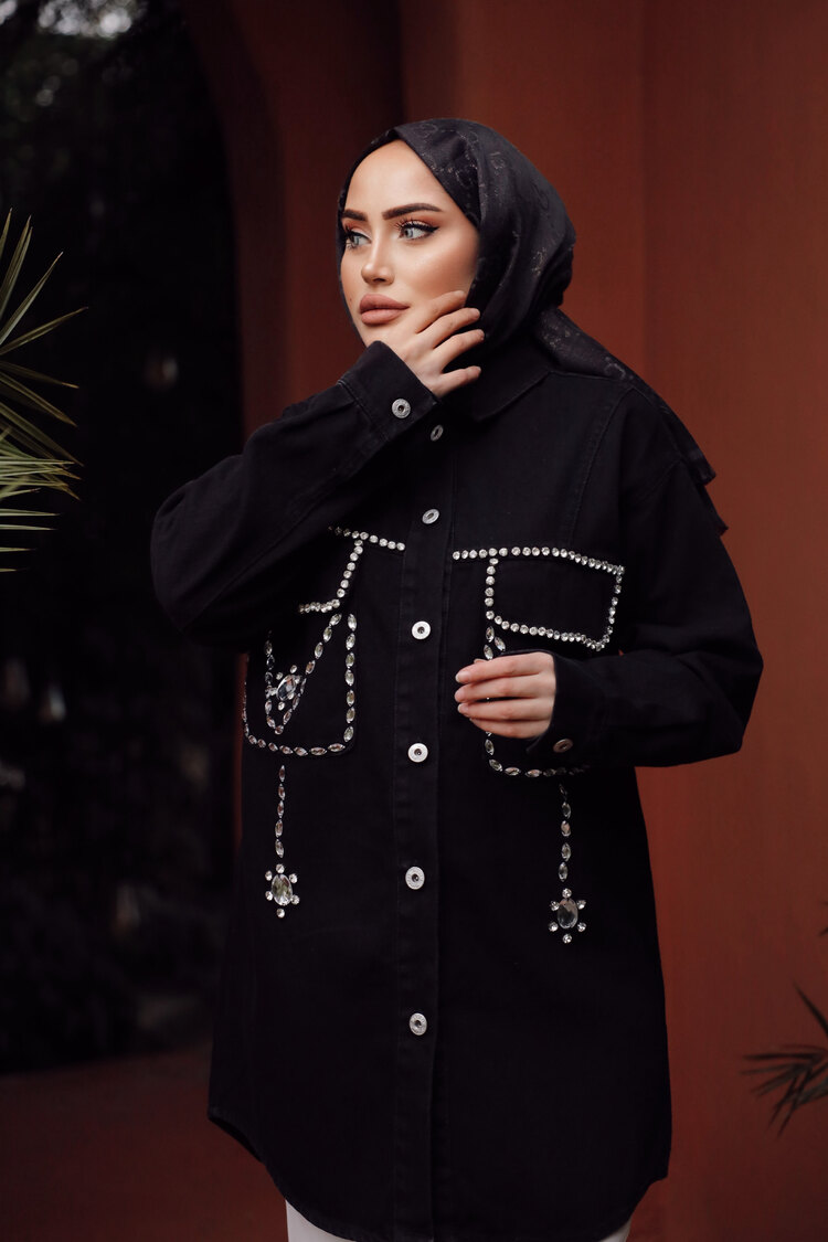 TAŞ İŞLEMELİ KOT CEKET SİYAH