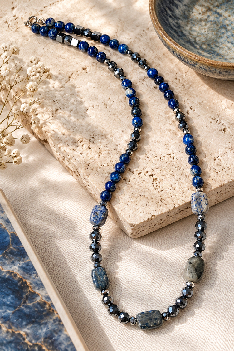 Lapis Lazuli, Terahertz & Kristal Doğal Taş Kolye (Gümüş Kapamalı)