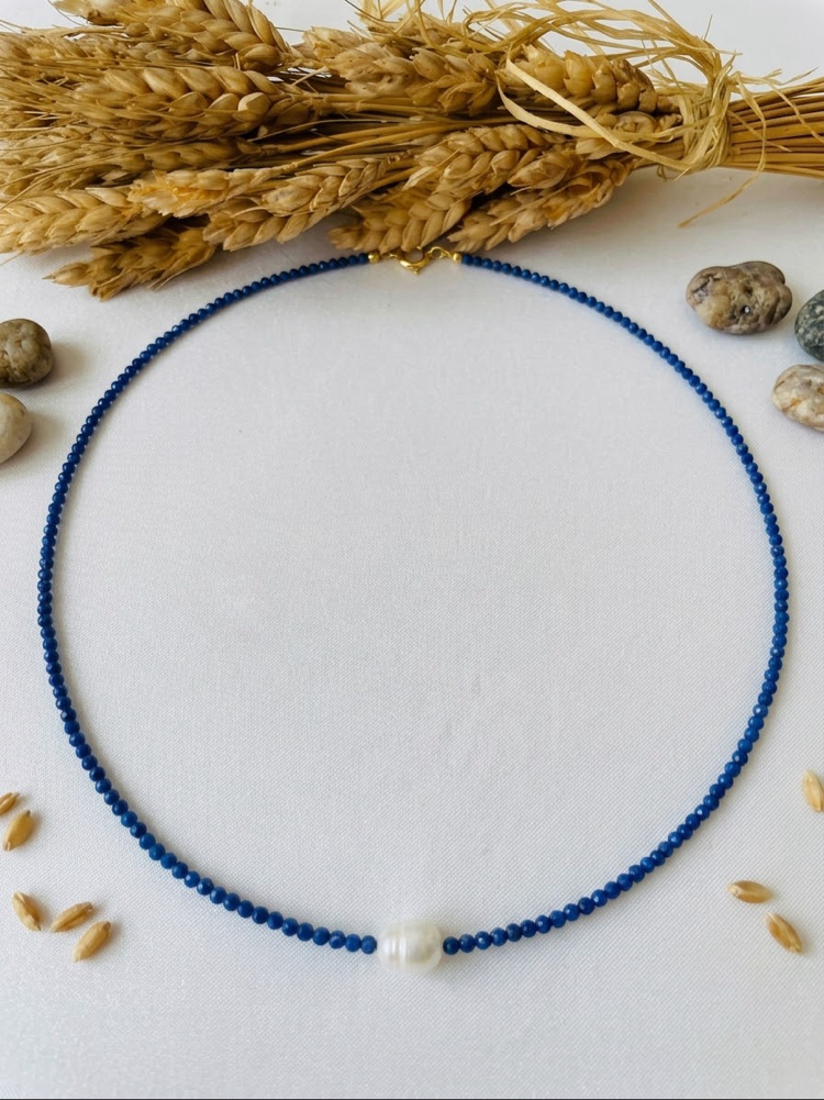 Lapis Lazuli Taşlı & İnci Detaylı Kolye