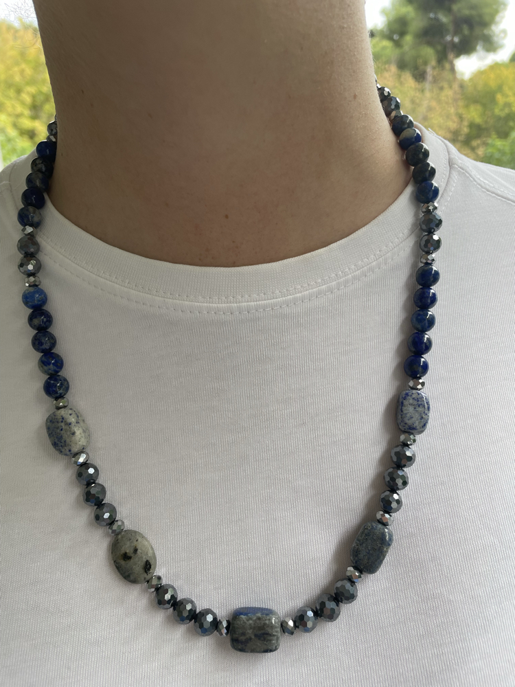 Lapis Lazuli, Terahertz & Kristal Doğal Taş Kolye (Gümüş Kapamalı)