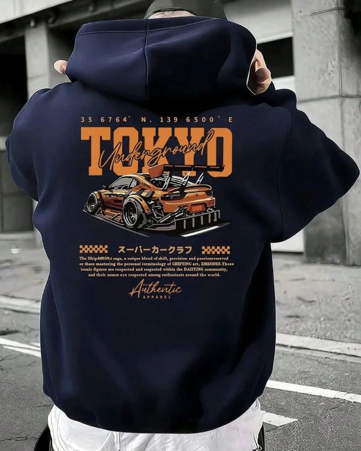 Tokyo baskılı Unisex pamuklu kapşonlu oversize sewatshirt 