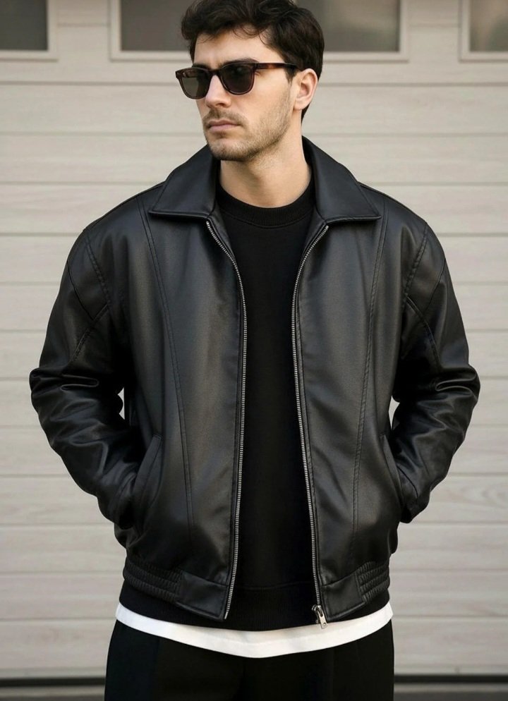 oversize rahat kalıp deri ceket 