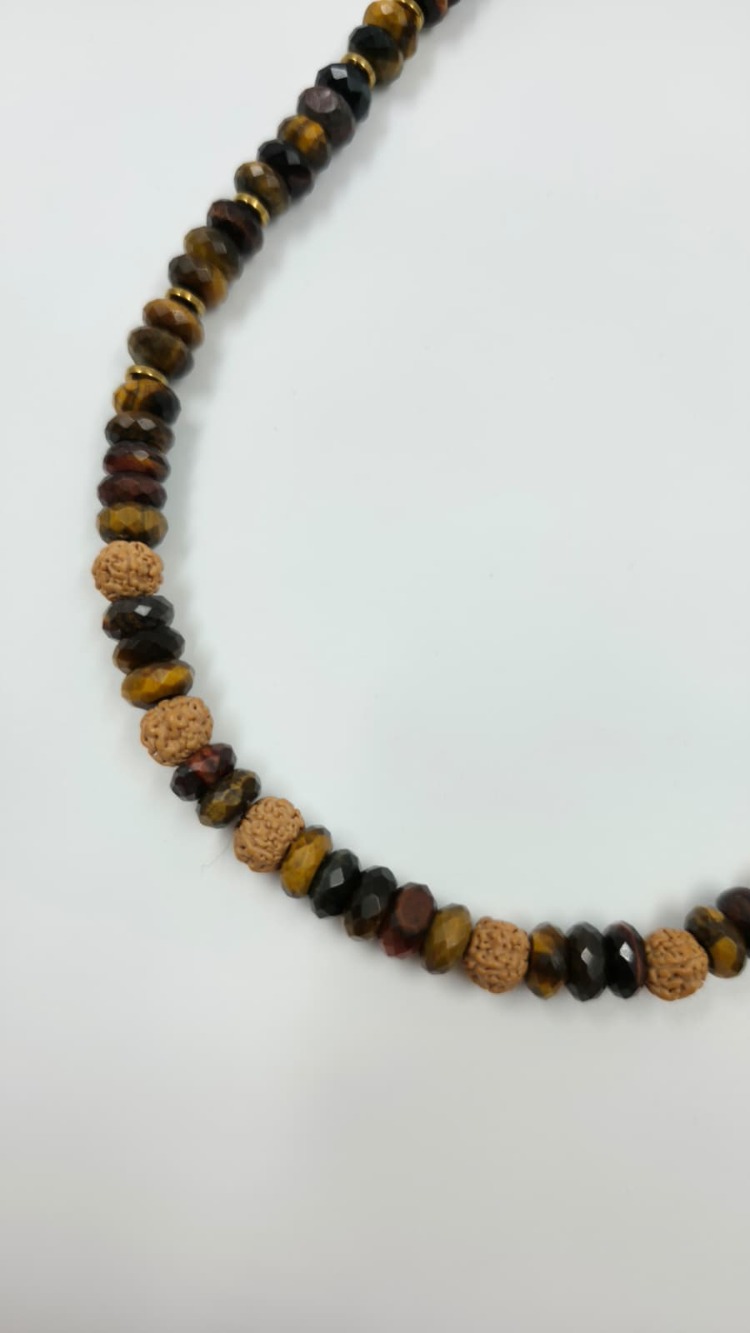 Kaplan Gözü Doğal Taş Kolye – El Yapımı Rudraksha Detaylı Kolye