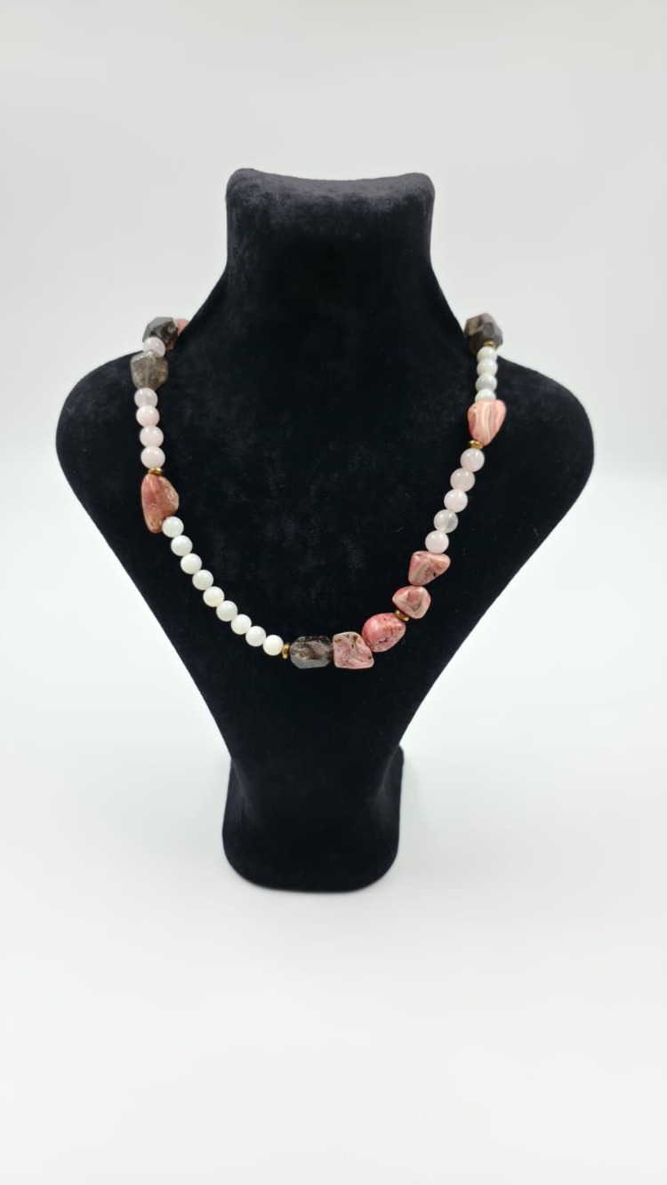 Rodokrozit, Pembe Kuvars & Dumanlı Kuvars Doğal Taş Kolye