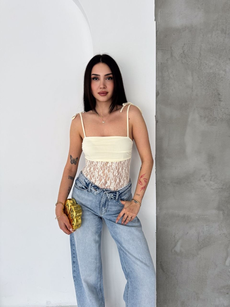 Sarı Dantelli Bodysuit