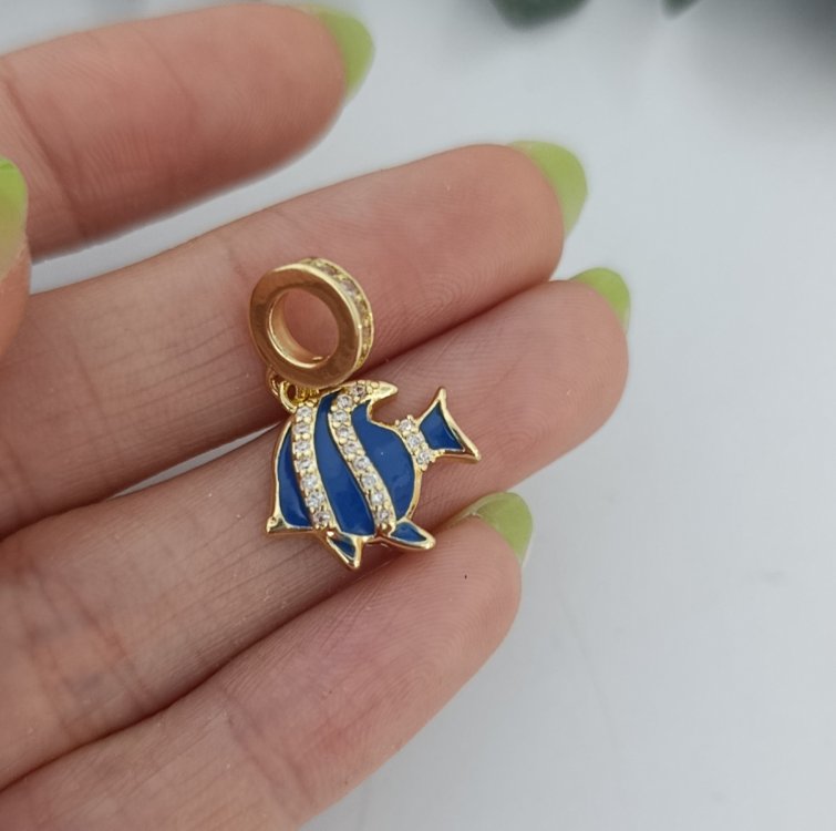 14K Renkte Mavi Mineli Balık Charm /Kolye Ucu