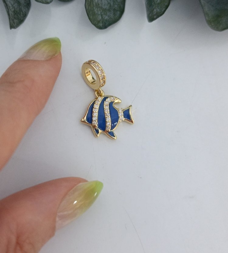 14K Renkte Mavi Mineli Balık Charm /Kolye Ucu