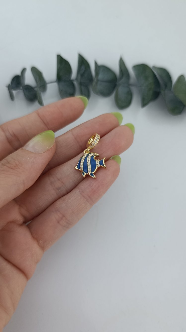 14K Renkte Mavi Mineli Balık Charm /Kolye Ucu