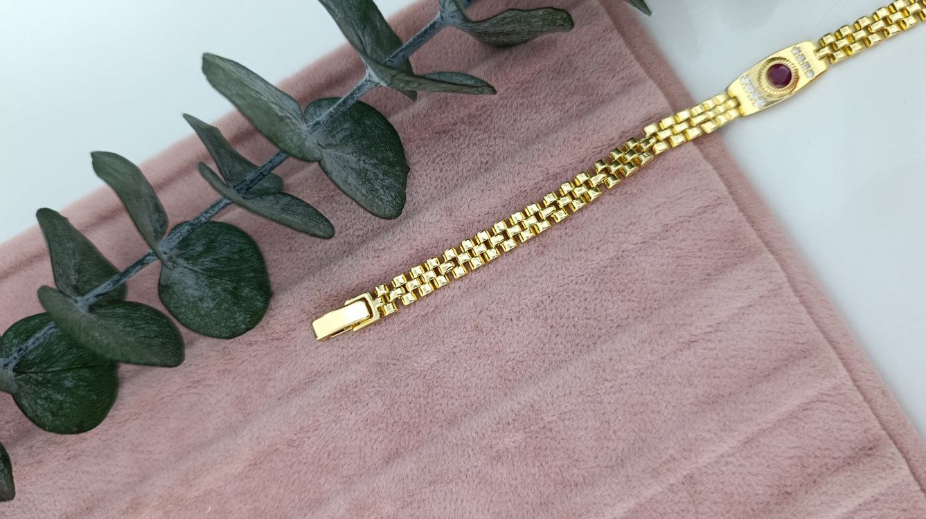 14K Renkte Fuşya Taşlı Vintage Bileklik
