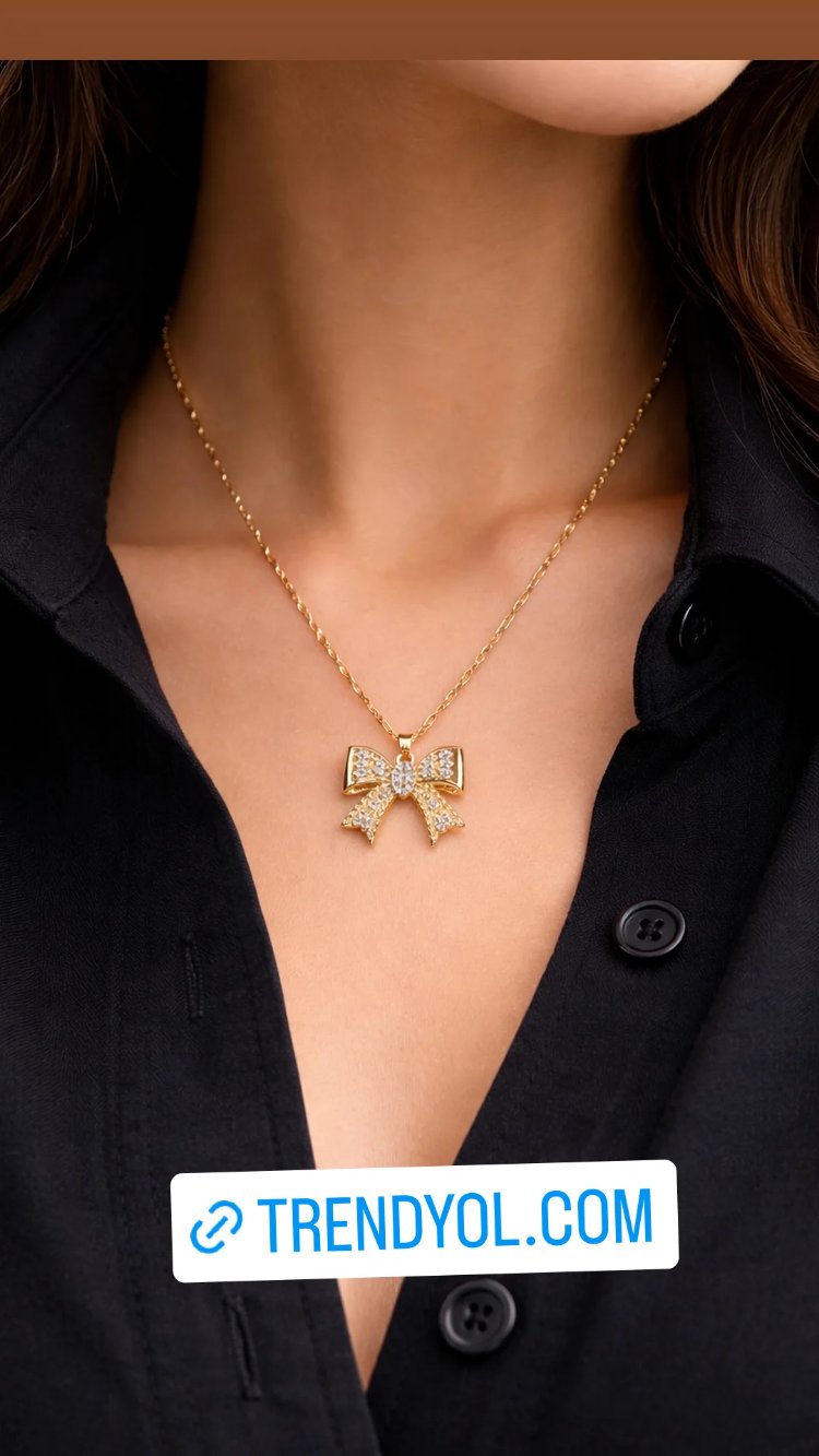 Figonk Zirkon Taşlı Gold Çelik Kolye 