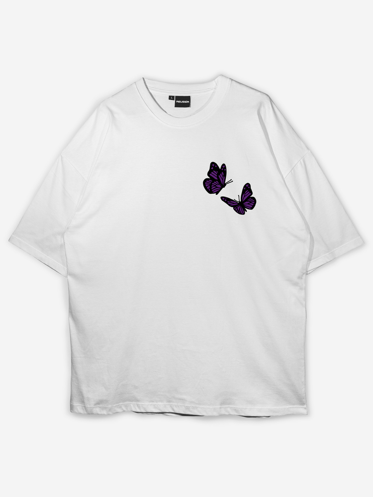 Butterfly Baskılı Oversize Beyaz T-shirt 