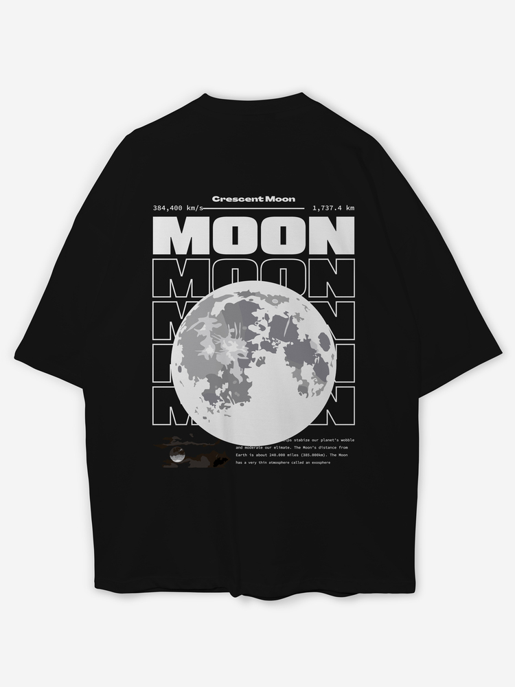 Moon Baskılı Oversize Siyah T-shirt 